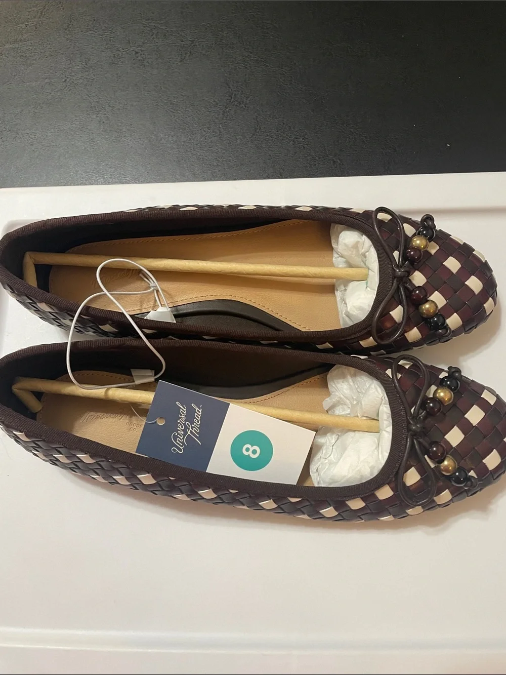 Universal Thread Brown &  Cream Woven Flats w Bead Detail NWT Sz. 8 no box